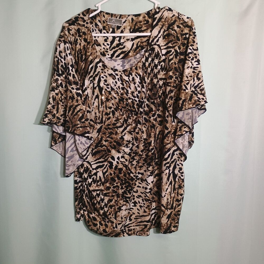 Women’s Brown Animal Print Tunic Top – Mixed Leopard Zebra Flutter Sleeve Blouse